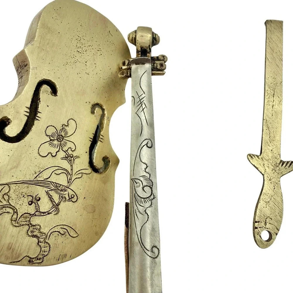 Chinese Folk Art Violin Padlock W/Key Engraved Brass Huaqi Rare 1980s